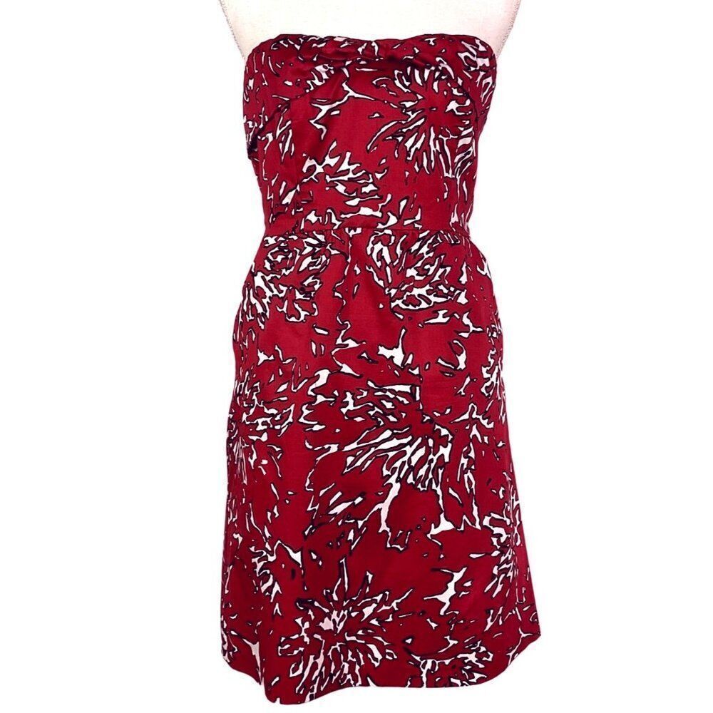 The Limited Strapless Red, Black & White Coral Print Dress Size 6, Pockets, Line